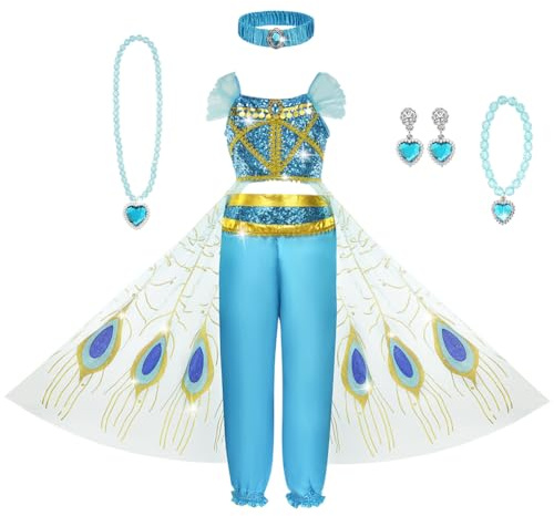 AOOWU Jasmin Kostüm, Prinzessin Kostüm Kleid 7set mit Aladdin Tanzen Oberteile Hosen Halskette Armband Ohrringe und Haarreif Aladin Cosplay Outfit für Weihnachten Party Halloween Karneval Cosplay