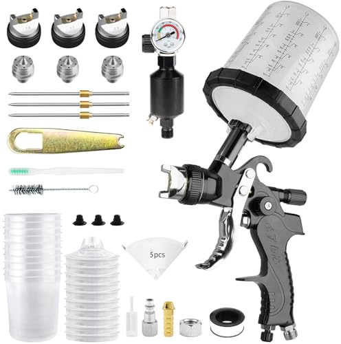 HVLP Lackierpistole Spritzpistole Kit mit 1,4/1,7/2,5mm Düsen & Luftdruckregler für Lackierpistole Druckluft Farbspritzpistole mit 10 Artikel 650ml Einweg-Farbspritzpistolenbecher (Schwarz)