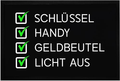 MoonWorks® Fußmatte Spruch Checkliste Schlüssel Handy Geldbeutel Licht aus lustige Eingangsmatte für Zuhause Flur Wohnung Haustür Schwarz 60x40cm