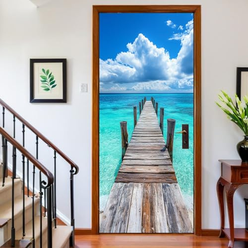Sticker Porte 63 x 205 cm ponton en bois de la jetée de plage Papier Peint Porte Trompe-l’Œil Auto-Adhésif bleu Décoration Murale Salon Chambre
