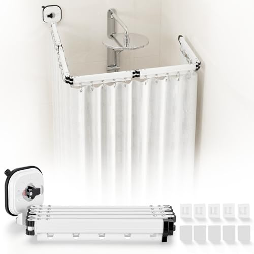 Faltbare Duschvorhangstange mit Saugnapf, 5-Wege Faltbar, Duschvorhang Ohne Bohren,Einziehbarer Wäscheständer, Wandmontage L/U Form Duschvorhang Stange für Ecke/Badewanne
