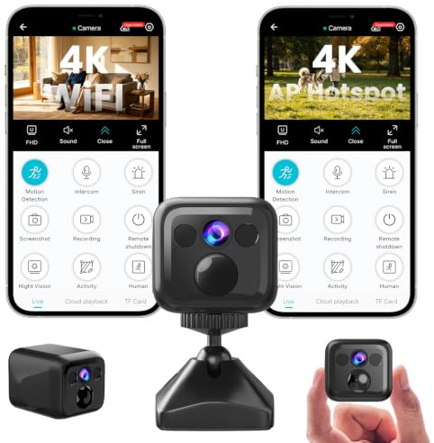 Mini Telecamera Spia ,4K Telecamera Videosorveglianza, WiFi o Modalità AP | Bassa Potenza, 160 Giorni di Standby, Visione Notturna Telecamera Senza Wifi per Interna/esterns/Casa, Nero