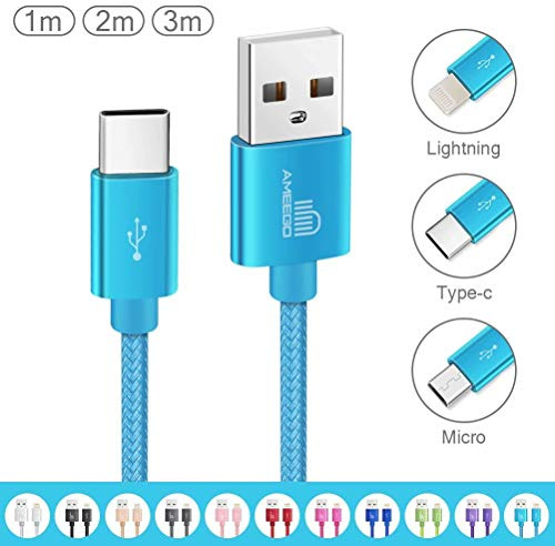 ameego [3Pack 1m+2m+3m] 3.1A High Speed strong Nylon Braided USB C 3.1 Type-C Data Sync Charging Reversible Charge Cable for mobile phones, Nintendo Switch all Type-C Devices (Light Blue)