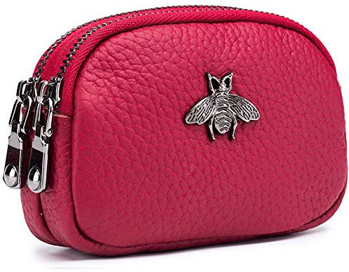 Porte-Monnaie en Cuir véritable pour Femme - Double Zipper Bee Change Pouch Wallet Card Holder Porte-Monnaie Mini Simple Cute Coin Pocket utile pour Les Femmes (Vin Rouge)