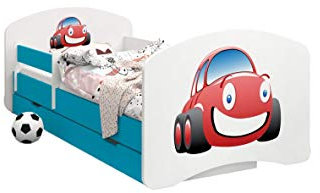HappyBabies - Doppelseitiges Kinderbett MIT SCHUBLADE Modernes Design mit sicheren Kanten und Absturzsicherung Schaumstoffmatratze 7 cm Blau (Auto, 190x90)