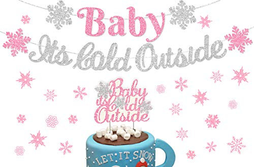 Kreatwow Baby Es ist kalt draußen Babyparty Dekorationen Pink für Mädchen Banner Cake Topper, Winter Wonderland Schneeflocke Babyparty Dekorationen Partyzubehör Glitter Silber
