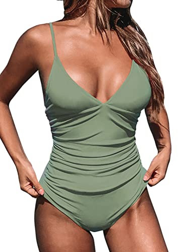CUPSHE - Costume da bagno da donna a triangolo con scollo a V, a strisce, tinta unita, drappeggio sull’addome, verde oliva, L