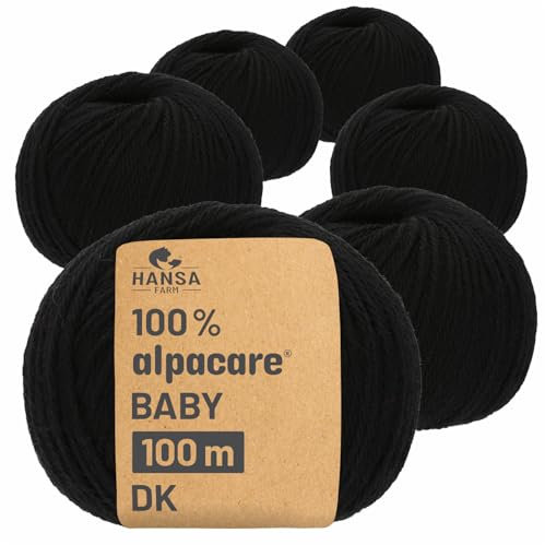 HANSA-FARM | Alpacare 100% die 1. maschinenwaschbare Baby Alpakawolle - 300 Set DK (6 x 50g) - kratzfreie Alpaka Wolle zum Stricken & Häkeln - Schwarz