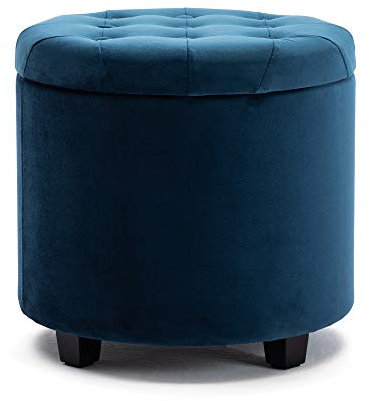 HNNHOME Sitzhocker mit Stauraum, Sitzwürfel mit Deckel, Sitztruhe, Fußbank Truhen Aufbewahrungsbox, Wolken Samt, 45 cm runder Massivholz, 45 L, 45 x 45 x 43 cm (Marineblau, Samt)