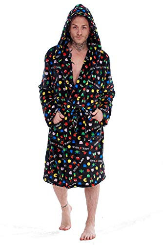 Keanu Mens Game Over Dressing Gown with Hood - All Over Print Retro Games Design - Supersoft Flannel Fleece - Mens Sizes S - XL (M/L)