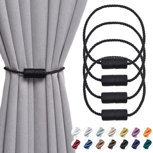 Pretty Jolly magnetische Vorhang Raffhalter handgefertigtes Gewebe Seil Vorhang-Raffhalter Einfachheit dekorative Vorhang drapieren Krawatte zurück für Haus & Büro Fenster Drapery, Schwarz, 4 Stück