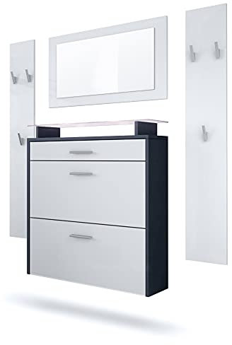 Vladon Garderobe Malea, Garderobenset bestehend aus 1 Hängeschuhschrank, 1 Wandspiegel und 2 Garderobenpaneele, Anthrazit matt/Weiß matt, inkl. LED-Beleuchtung weiß