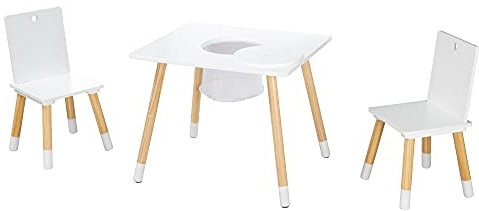 roba Set of Wooden Children's Play Table and 2 Play Chairs - Wooden Seating Set (White)