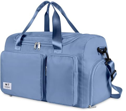 WT Faltbare Reisetasche Sporttasche, 35L Gepäcktasche Große Weekender Urlaubstasche Trainingstasche Handtasche Wasserdicht Sauna Gym Shopping Bag für Herren Damen mit Gepäckanhänger (Blau)