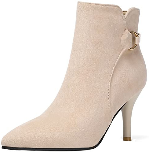 Lroey Reoly Stivaletti da Donna con Tacco a Spillo, Stivaletto Tacco Alto Appuntito Polacchine Solid Zip 045 Beige Numero 37 EU