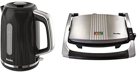 Breville Bold Black Electric Kettle | 1.7L | Black & Silver Chrome [VKT221] & Sandwich/Panini Press & Toastie Maker | 3-Slice | Non-stick-coated aluminium plates | Stainless Steel [VST025]