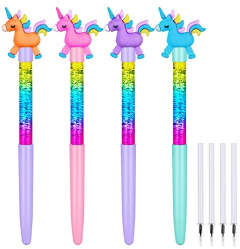 OFFCUP Treibsand Stifte, 4 Stück Glänzender Gel Tintenstift, Niedlicher Einhorn Stift, Mädchen Niedliche Stifte, Kugelschreiber Schule Bürobedarf für Teen Mädchen(D)