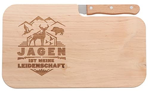 Spruchreif | Brotzeitbrett mit Messer Jagen ist meine Leidenschaft – Graviertes Messerbrett aus Holz mit Jäger-Motiv | Geschenkidee für Jäger & Jagdfans