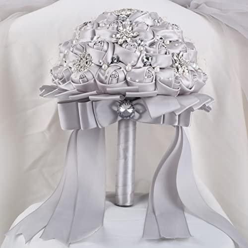 Ljxoaieu Brautstrauß Brautjungfer Wurfstrauß Schaumstoff-Rosenstrauß mit Schleife Diamant W631C-23 Silber