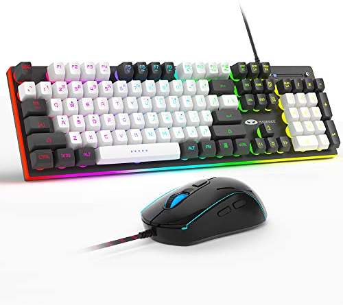 MageGee GT838 Gaming Keyboard and Mouse Combo, 104 Keys RGB Backlit Quiet Wired Keyboards for Laptop PC MAC, with Number Pad, Metal Panel, Anti-Ghosting, White Black