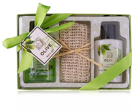 Accentra - Duschset Frauen Geschenkset OLIVE in schöner Geschenkbox - 3-teiliges Pflegeset mit Duschgel, Bodylotion und Handtuch aus Sisal - Wellness Geschenk Set zum Geburtstag, Valentinstag