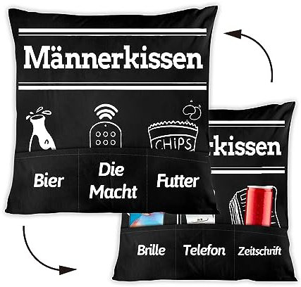 Männer Kissenbezug 45 x 45 cm lustige Männer Zierkissenbezug mit 6 Taschen zum Befüllen Kissenhülle Geburtstagsgeschenk für Männer Schwarz Kissenbezug Geschenke zum Geburtstag, Vatertag
