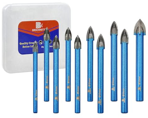 Masonry Drill Bit BRSCHNITT 3/16+1/4*4+5/16*2+3/8*2+1/2 Carbide Tips Concrete Drill Bit Set for Pots Bottles Ceramic Tile Glass Brick Ceramic Round Shank(10pcs)