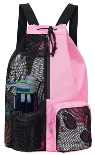 GZSYWZ Swimming Bag Mesh Drawstring Rucksack Pink Sports Bag Waterproof with Wet and Dry Compartments Adjustable Straps Swimming Fitness Workout Essentials for Men and Women