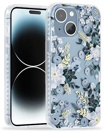 SCORPIFY for iPhone 15 Plus Case with Blue Nemophila Floral Design, Cute Clear Flower Phone Cover for Women Girls, [Non Yellowing] Slim Shockproof Bumper with Gold Accents
