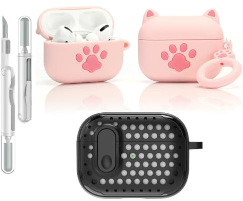 LEWOTE Funda protectora 3 en 1 compatible con Apple Airpods Pro (2ª/1ª generación) con kit de limpieza y llavero (pata de gato rosa)