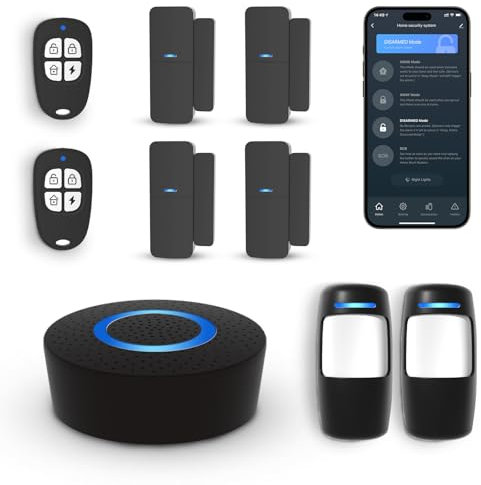 GRSICO Drahtlose Hausalarmanlage 9-teiliges Kit, WiFi Alarmanlage für die Sicherheit zu Hause mit Telefon APP Alert (schwarze Alarmsirene, Fernbedienung, Bewegungs- und Türsensoren) für Zuhause,