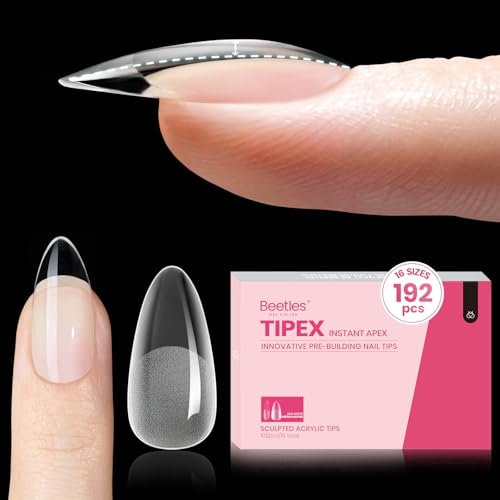 Beetles Tipex Instant Apex Nail Tips Almond Shaped –Pre-Building & Pre-Etched Strong Thick Acrylic Nail Tips,Upgraded with 16 Sizes for Flat Nails, 192 Pieces
