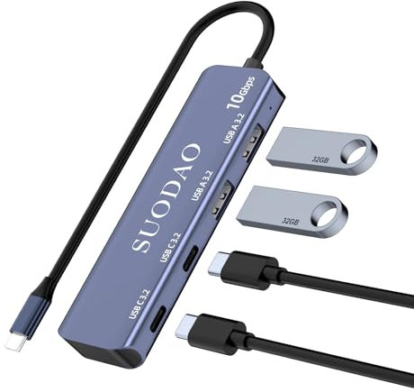 SUODAO 10Gbps USB C Hub, 4-in-1 USB-C Multiport Adapter with 2 USBC and 2 USBA Data Ports, Aluminum USB 3.2 Gen 2 Hub for MacBook Pro/Air 2022/2021, Iphone 15, iPad Pro, XPS, Surface Pro and More