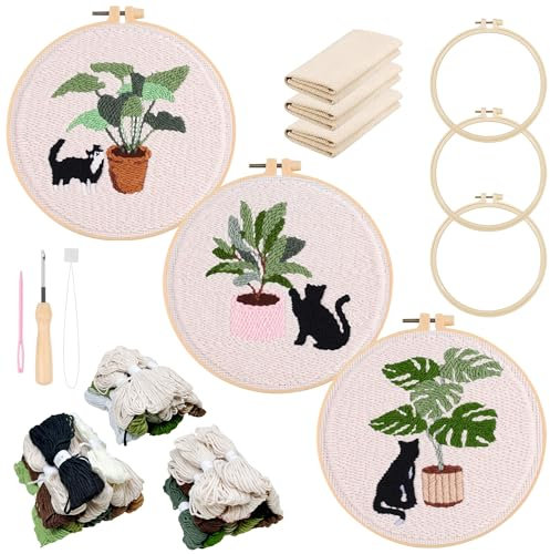 Allazone Punch Needle Stickerei Set für Anfänger, 3 Stück Stanznadel Stickerei Starter Kit mit Katzen Muster, DIY Stanznadel Kit mit Stickrahmen, Punch Needle Stoff, Fäden, Einfädelhilfe