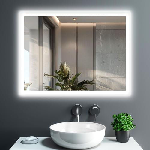 GIMBELEN Miroir de Salle de Bain avec lumière, 80 x 60 cm Miroir de Salle de Bain avec éclairage et Interrupteur à Bouton, 2 Couleurs de lumière (3000K / 6500K), Fonction mémoire