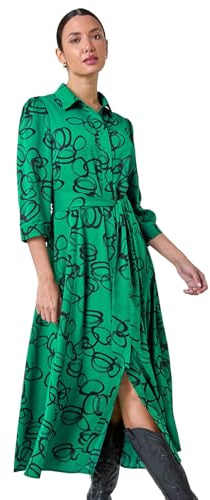 Roman Originals Shirt Dress for Women UK- Ladies Long Sleeve Belted Collared Midi Maxi Winter Autumn Smart Casual Button Through Evening Office A Line Swing Skater - Size 20 - Black Green