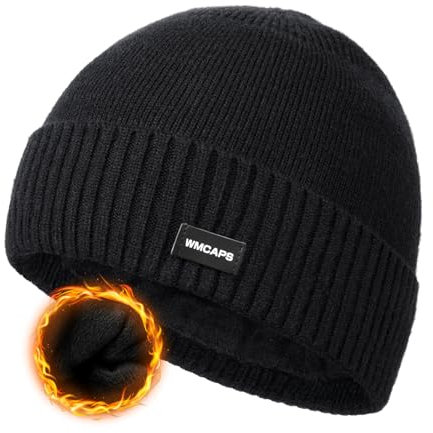 Wmcaps Beanie Mütze, Wintermütze Herren mit Bündchen und Dickem Warmem Futter Wollmütze Strickmütze Bequeme Weiche Stulpenmütze Ideal für Outdoor Aktivitäten Geschenke für Männer Frauen, Schwarz