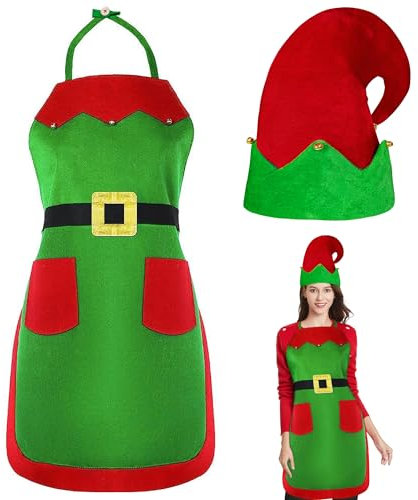 Yezmo Weihnachten Elf Schürze und Hut Set, Elf Kostüm Erwachsene Frauen mit Weihnachten Elf Hut Elf Schürze für Teens Kinder Männer für Weihnachten Party Kostüm (Grün)