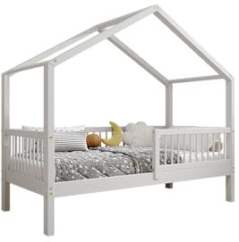 TIMBEE MURLO - Kinderbett Holz - Hausförmig mit Sprossen - Solide Konstruktion aus Naturholz - Langlebig und elegant - Grau - 90x200cm - 23cm Lange Beine