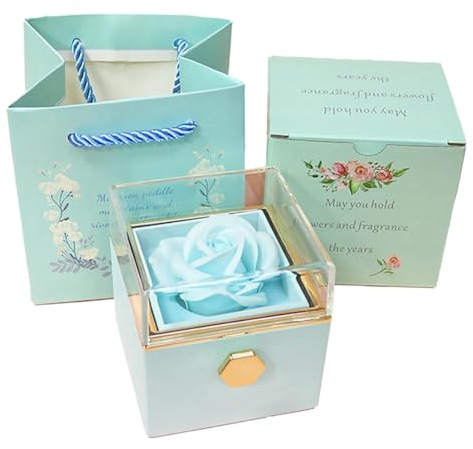 Plookyoe BoîTe à Bagues Rose Rotative à 360°, BoîTe à en Velours, BoîTe à Roses éTernelles, Saint Valentin, FêTe des MèRes pour Cadeaux Romantiques, Bleu Lac