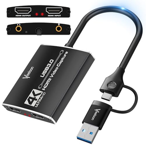Veeloon Audio-Video-Capture-Karte, 4K Loop-Out, 1080P 60FPS/2K 30FPS, 4K HDMI auf Typ-C Videospiel-Capture-Karte mit USB 3.0-Adapter, für Streaming, Broadcasting, Arbeit mit PS5/Switch/Kamera/PC/OBS