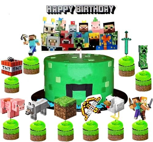 YiMinw 25 Stück Pixel Cake Topper, Miner Game Cupcake Toppers,24 Stück Cupcake Toppers Wrappers,Papier Wrapper, für Geburtstagsfeier Geburtstag Kuchendeko