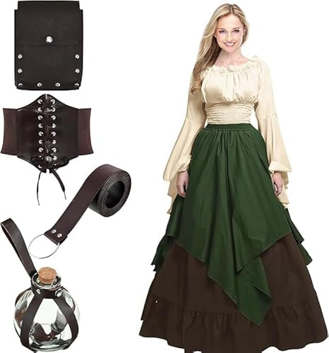HFZCV 6 Pcs Renaissance Costume Women Medieval Victorian Shirt Dress Belt Pouch Bottle Corset for Halloween Cosplay Fancy (Green, XL)