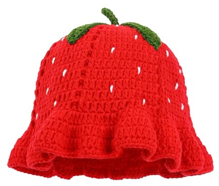 Gestrickte Erdbeermütze – gehäkelte Obstmütze für Damen, gehäkelte Erdbeer-Kopfbedeckung für Mädchen, tragbar, einzigartig, lässig, warm, Strickmützen für Geburtstag, Party, Tanz, Party-Zubehör