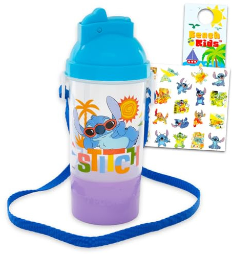 Disney Stitch Snack and Sip Ensemble de bouteilles d'eau – Ensemble avec bouteille d'eau Stitch de 400 ml avec tasse à goûter et autocollants, plus de cantine à boire