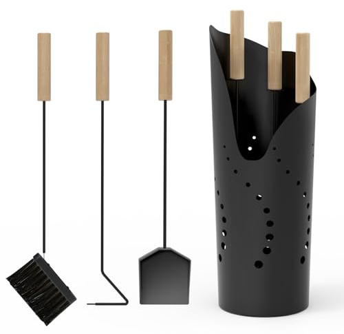tonhui 4 Pieces Fireplace Tools Set, Metal Fireplace Accessories Fireside Companion Set for Log Burners with Broom, Shovel, Poker and Bucket - Black