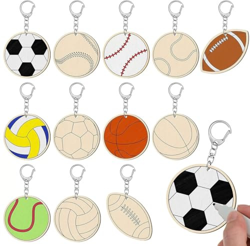 CavspkArt Kit de 36 porte-clés en bois à faire soi-même, colorez vos propres porte-clés vierges, art et artisanat pour enfants, kits de peinture sur bois brut pour garçons et filles, Sport., taille