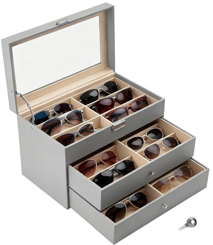 ColdShine Brillenbox für 8 Fächer Brillen Brillenkoffer Sonnenbrillen Aufbewahrung mit Sichtfenster Glasbox aus Kunstleder zur Aufbewahrung von Sonnenbrillen, Glas