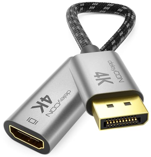 deleyCON 4K Adaptador DisplayPort Macho a HDMI Hembra (Para Monitor, TV y Proyector HDMI) - 4K@60Hz - Conector de Aluminio con Cable de Nylon - Compatible con Ordenadores DP, PC y Tarjetas Gráficas