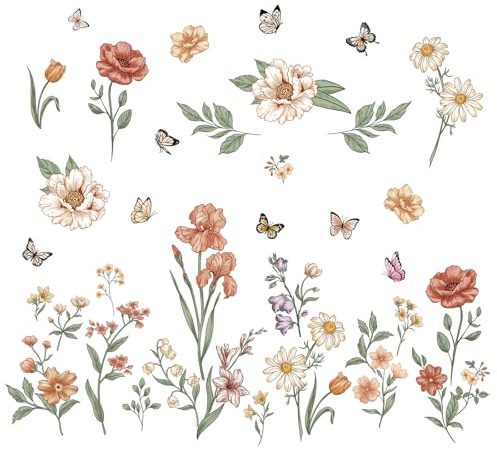 FUFUQUARE Bunt Blume Pflanzen Wandtattoo Wandaufkleber Vintage Gartenblumen Blätter Schmetterling Wandsticker für Schlafzimmer Wohnzimmer Sofa Hintergrund Wanddeko